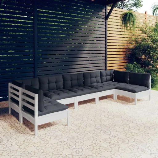 Conj. Lounge de Jardim c/ Almofadões Pinho Maciço Branco (7 pcs)
