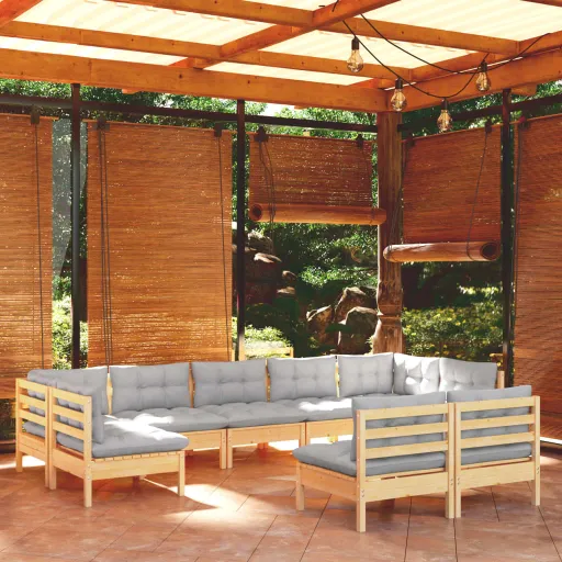 Conjunto Lounge de Jardim + Almofadões Cinza Pinho Maciço (9 pcs)