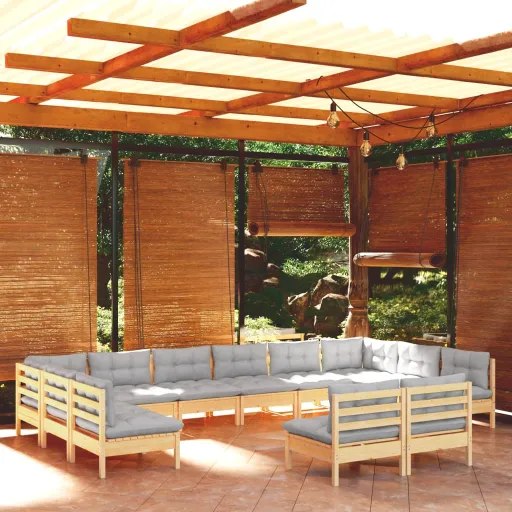Conjunto Lounge de Jardim + Almofadões Cinza Pinho Maciço (12 pcs)