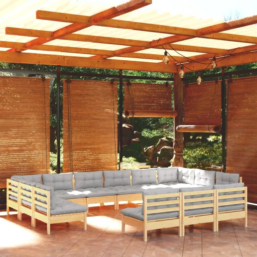 Conjunto Lounge de Jardim + Almofadões Cinza Pinho Maciço (13 pcs)