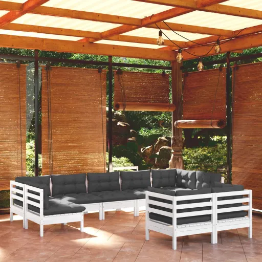 Conj. Lounge de Jardim c/ Almofadões Pinho Maciço Branco (9 pcs)