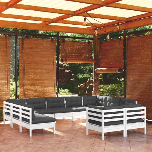 Conj. Lounge de Jardim c/ Almofadões Pinho Maciço Branco (11 pcs)