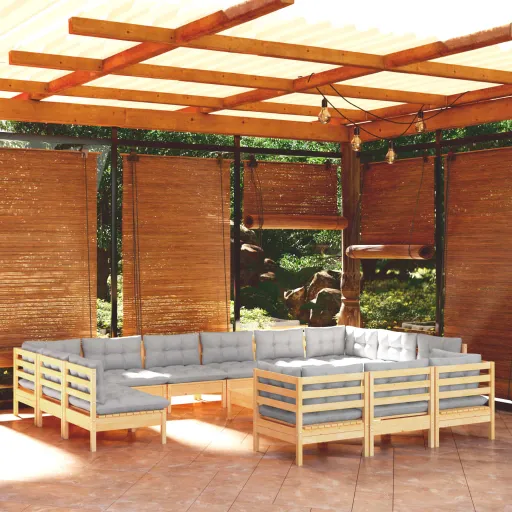 Conjunto Lounge de Jardim c/ Almofadões Cinza Pinho (14 pcs)