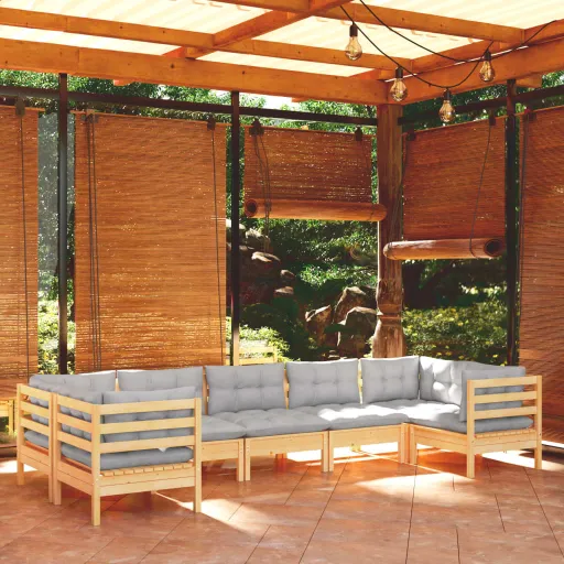 Conjunto Lounge de Jardim c/ Almofadões Cinzentos Pinho (7 pcs)
