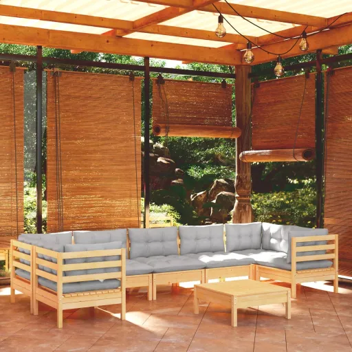 Conjunto Lounge de Jardim c/ Almofadões Cinza Pinho (8 pcs)
