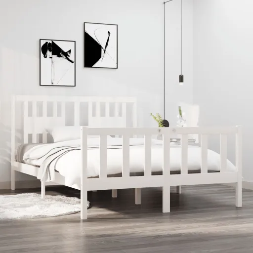 Estrutura de Cama Casal 135x190 cm Madeira Maciça Branco