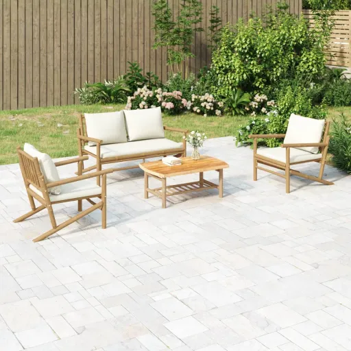 Conjunto Lounge de Jardim Bambu c/ Almofadões Branco Nata (4 pcs)