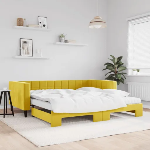 Sofá-Cama com Gavetão e Colchões 100x200 cm Veludo Amarelo