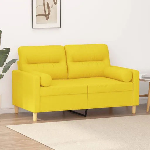 Sofá 2 Lug. + Almofadas Decorativas 120 cm Tecido Amarelo-Claro