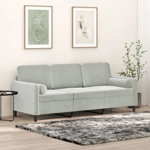 Sofá 3 Lugares + Almofadas Decorativas 180cm Veludo Cinza-Claro