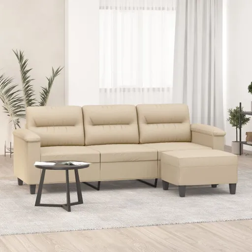 Sofá de 3 Lugares c/ Apoio Pés 180 cm Tecido Microfibra Creme