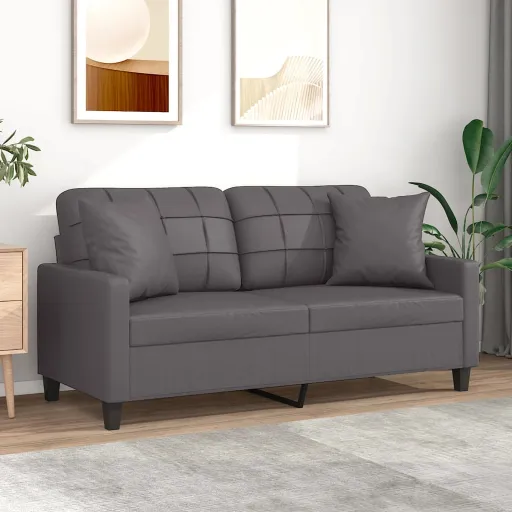 Sofá 2 Lugares + Almofadas Decorativas 140cm Couro Artif. Cinza