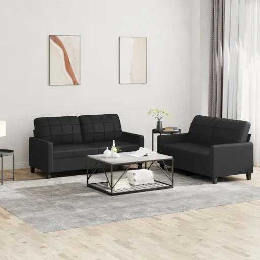 Conjunto de Sofás com Almofadões Couro Artificial Preto (2 pcs)