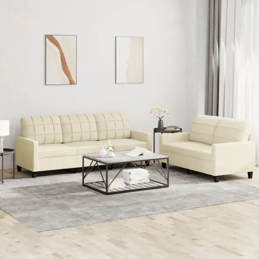 Conjunto Sofás c/ Almofadões Couro Artificial Cor Creme (2 pcs)