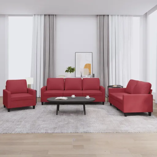 Conjunto Sofás c/ Almofadões Couro Artif. Vermelho Tinto (3 pcs)