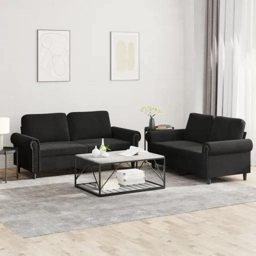 Conjunto de Sofás com Almofadões Veludo Preto (2 pcs)