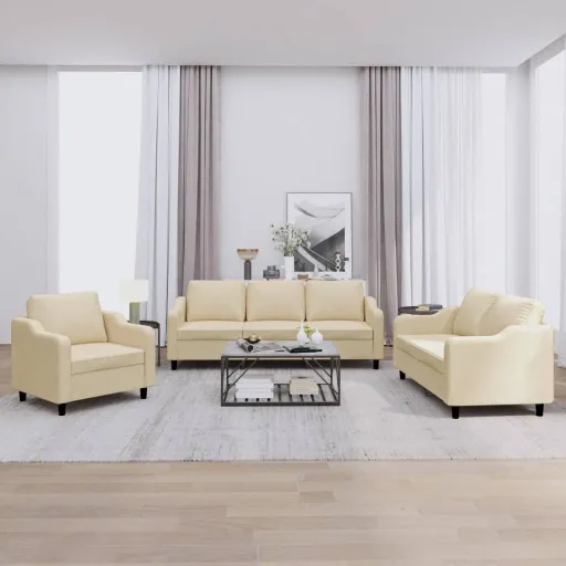 Conjunto de Sofás com Almofadões Tecido Cor Creme (3 pcs)