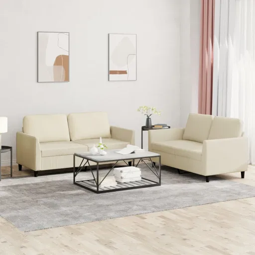 Conjunto Sofás c/ Almofadões Couro Artificial Cor Creme (2 pcs)
