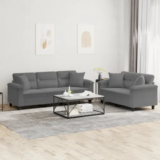 Conjunto Sofás c/ Almofadas Microfibra Cinza-Escuro (2 pcs)