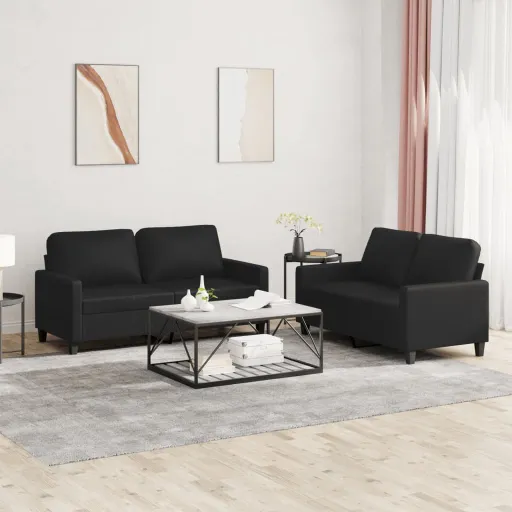 Conjunto de Sofás com Almofadões Couro Artificial Preto (2 pcs)