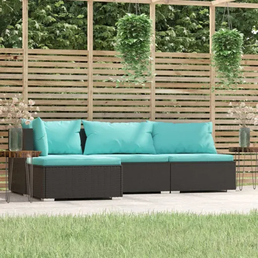 Conjunto Lounge de Jardim c/ Almofadões Vime PE Preto (4 pcs)