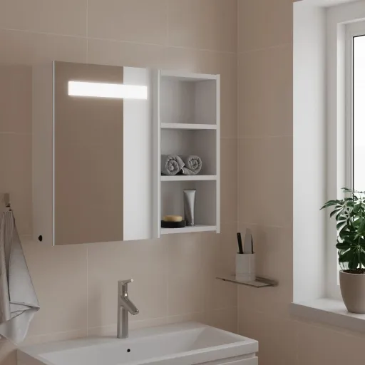 Armário Espelhado p/ Casa de Banho c/ LEDs 60x13x52cm Branco