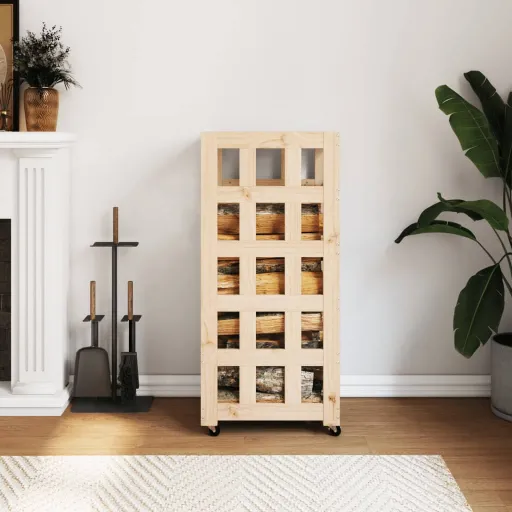 Suporte de Lenha c/ Rodas 40x49x110 cm Pinho Maciço