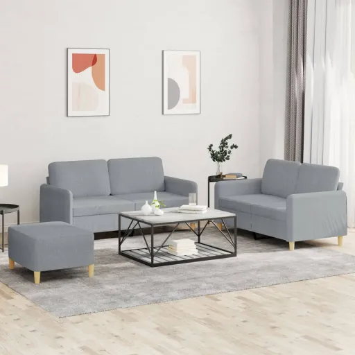 Conjunto de Sofás com Almofadões Tecido Cinzento-Claro (3 pcs)