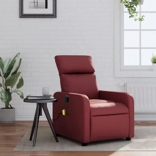 Poltrona Massagens Reclinável Couro Artificial Vermelho Tinto