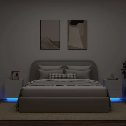 Mesas de Cabeceira c/ Luzes LED   Derivados Madeira Branco (2 pcs)
