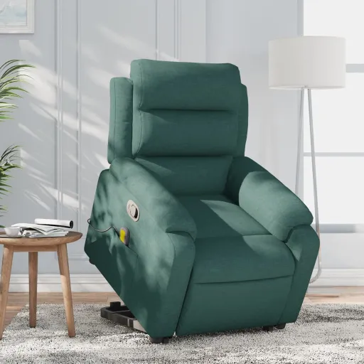 Poltrona Reclinável Elevatória de Massagens Tecido Verde-Escuro