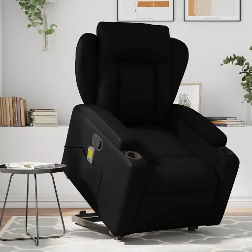 Poltrona Massagens Reclinável Elevatória Couro Artificial Preto