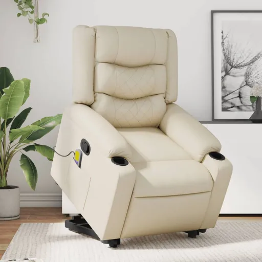Poltrona Reclinável de Massagens Couro Artificial Cor Creme