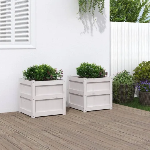 Vasos/Floreiras de Jardim   Madeira de Pinho Maciça Branco (2 pcs)