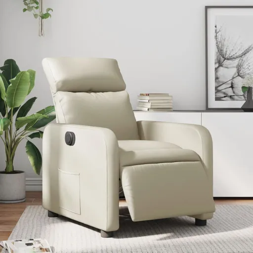 Poltrona Reclinável Elétrica Couro Artificial Cor Creme
