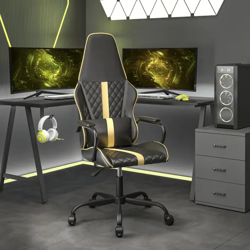 Cadeira Gaming de Massagens Couro Artificial Dourado e Preto
