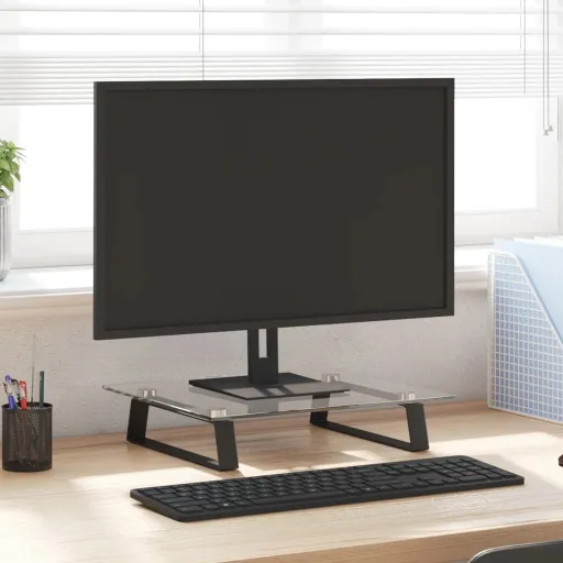 Suporte para Monitor 40x35x8 cm Vidro Temperado e Metal Preto