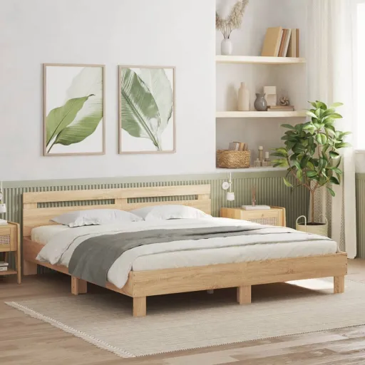 Estrutura Cama c/ Cabeceira/Luzes LED 180x200cm Carvalho Sonoma
