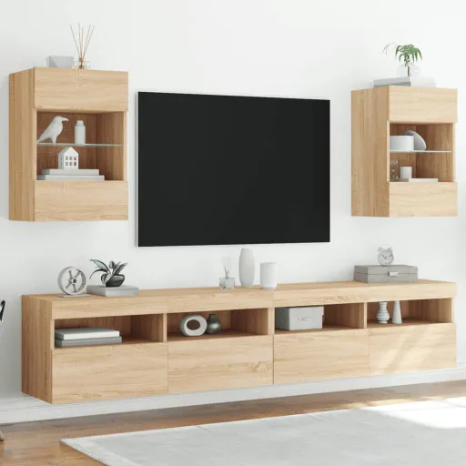 Armários de Parede com Luzes LED para TV   Carvalho Sonoma (2 pcs)