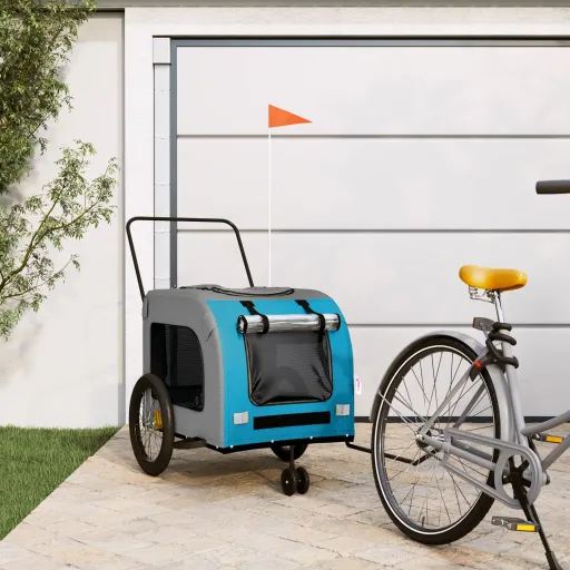 Reboque Bicicleta p/ Animais Tecido Oxford/Ferro Azul/Cinza