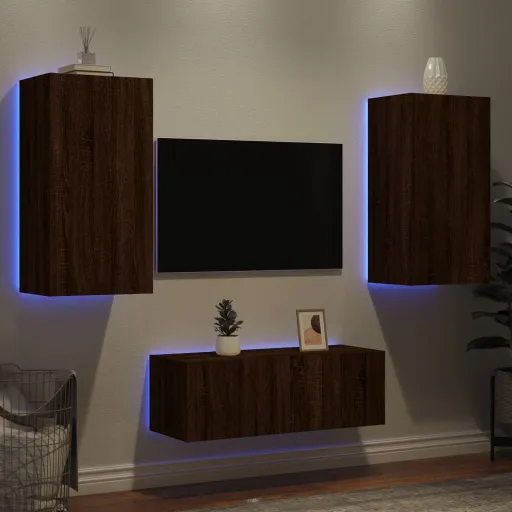 Móveis Parede TV c/ LEDs Deriv. Madeira Carvalho Castanho (4 pcs)