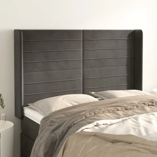 Cabeceira Cama c/ Abas Veludo 147x16x118/128 cm Cinzento-Escuro