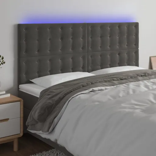 Cabeceira de Cama c/ LED Veludo 200x5x118/128 cm Cinza-Escuro