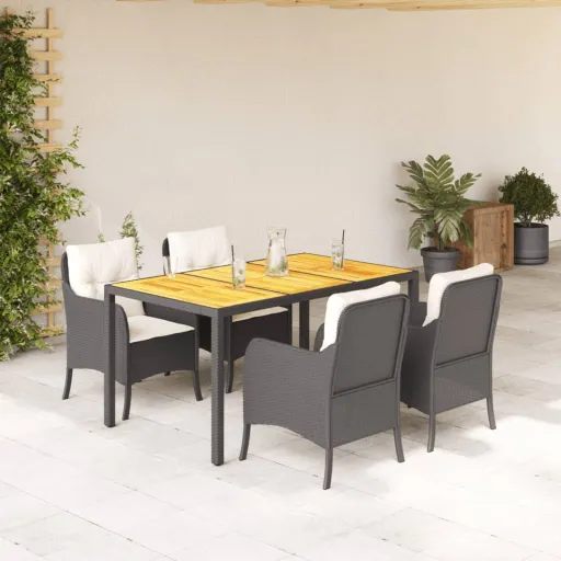 Conjunto de Jantar p/ Jardim c/ Almofadões Vime PE Preto (5 pcs)