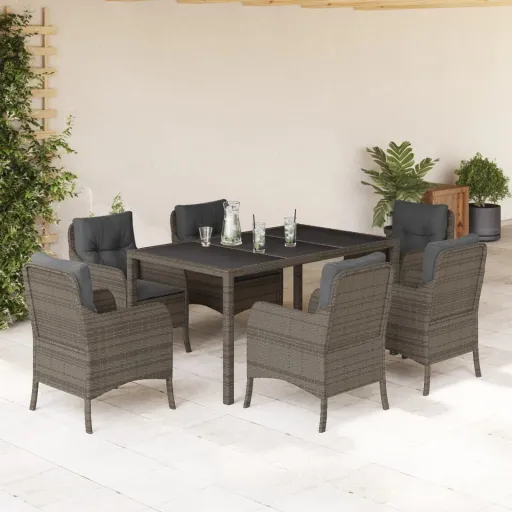 Conjunto de Jantar p/ Jardim c/ Almofadões Vime PE Cinza (7 pcs)
