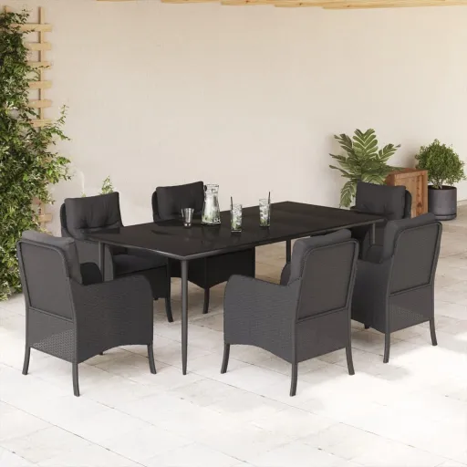 Conjunto de Jantar p/ Jardim c/ Almofadões Vime PE Preto (7 pcs)