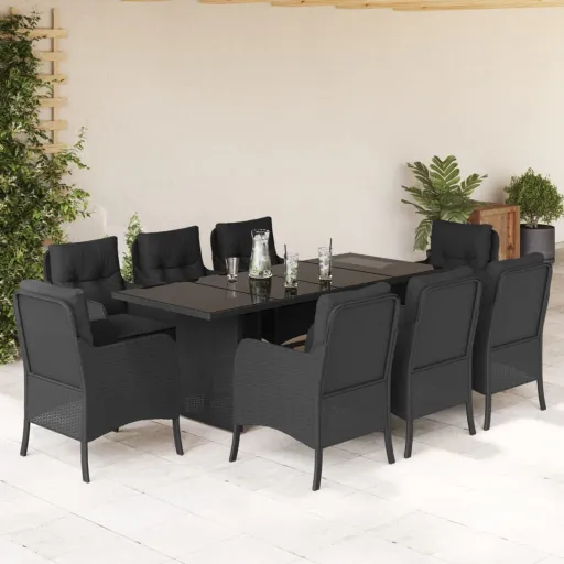 Conjunto de Jantar p/ Jardim c/ Almofadões Vime PE Preto (9 pcs)