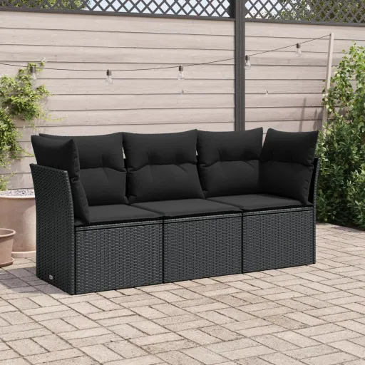 Conjunto Sofás de Jardim com Almofadões Vime PE Preto (3 pcs)
