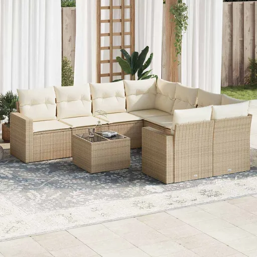 Conjunto de Sofás p/ Jardim com Almofadões Vime PE Bege (9 pcs)