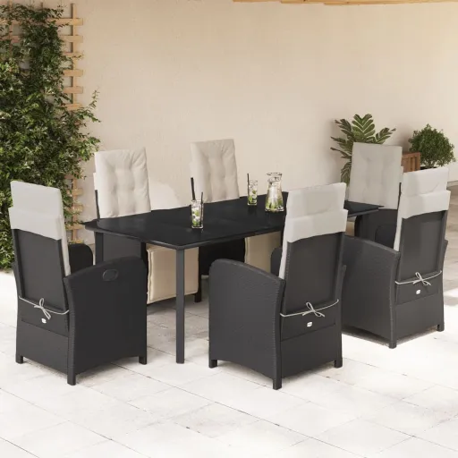 Conjunto de Jantar p/ Jardim c/ Almofadões Vime PE Preto (7 pcs)